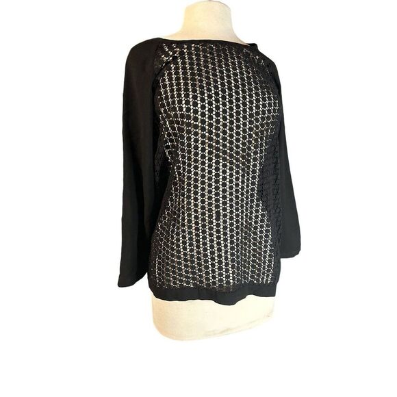Chic Lattice Lace & Solid Black Long Sleeve Blouse By Tibi - Picture 1 of 5